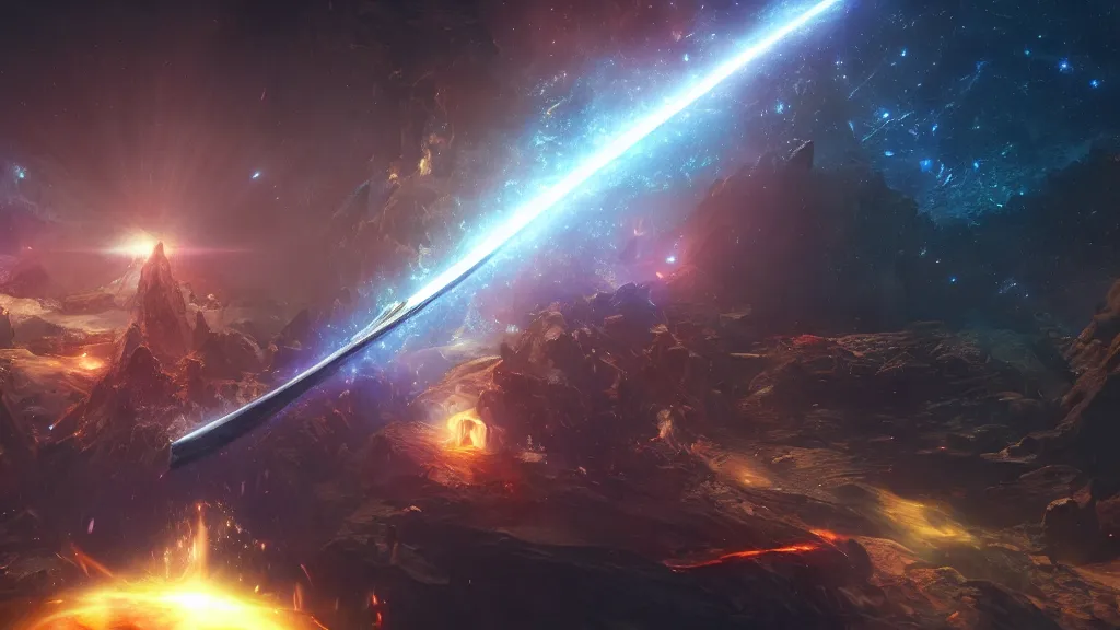 Prompt: a huge divine sword breaks the universe open, hd, hdr, ue 5, ue 6, unreal engine 5, cinematic 4 k wallpaper, 8 k, ultra detailed, high resolution, artstation, award winning