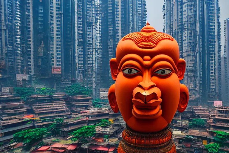 Image similar to high quality 3 d cyberpunk biomorphic hanuman head building in the middle of mumbai!!, kalighat highly detailed, cinematic smooth, stephen shore & john j. park, soft morning light, wide shot, high angle, uhd 8 k, deep focus