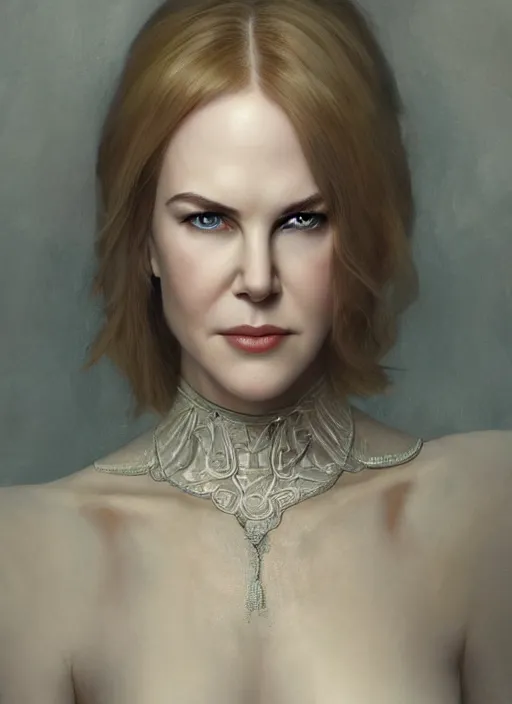 Image similar to symmetry!! young nicole kidman, machine parts embedded into face, intricate, elegant, highly detailed, digital painting, artstation, concept art, smooth, sharp focus, illustration, art by artgerm and greg rutkowski and alphonse mucha, 8 k