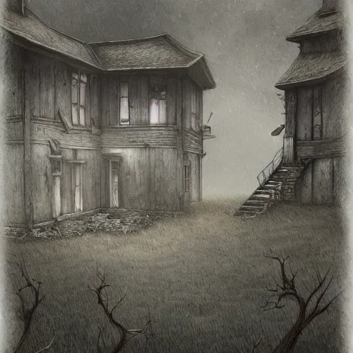 Prompt: an abandoned house in the style of John Kenn Mortensen, realistic painting, high definition, digital art, matte painting, very detailed, realistic