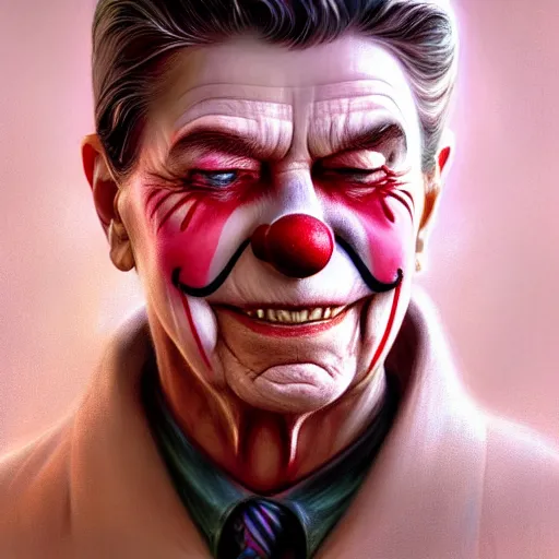 Prompt: Ronald Reagan in clown makeup, closeup, D&D, fantasy, intricate, elegant, highly detailed, digital painting, artstation, concept art, matte, sharp focus, illustration, hearthstone, art by Artgerm and Greg Rutkowski and Alphonse Mucha