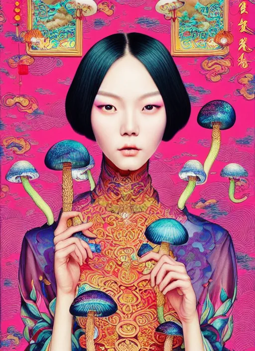 Image similar to pretty chinese model with hallucination mushroom : : by martine johanna and simon stalenhag and chie yoshii and casey weldon and wlop : : ornate, dynamic, particulate, rich colors, intricate, elegant, highly detailed, vogue, harper's bazaar art, fashion magazine, smooth, sharp focus,