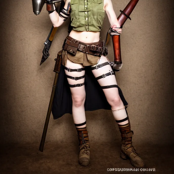 Image similar to full length photo of a very beautiful female slim dieselpunk warrior, 8 k, hdr, smooth, sharp focus, high resolution, award - winning photo