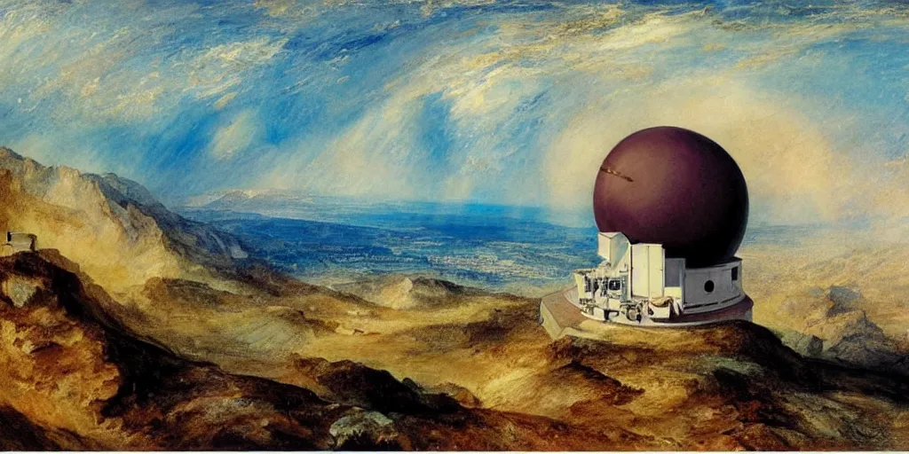 Prompt: Modern Spanish observatory of multiple telescopes scattered across the mountaintop painted in colourist style by Turner