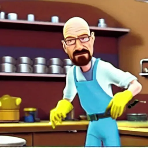 Prompt: a screenshot of Walter White cooking meth in Meet The Robinsons (2007) low quality, vhs quality,