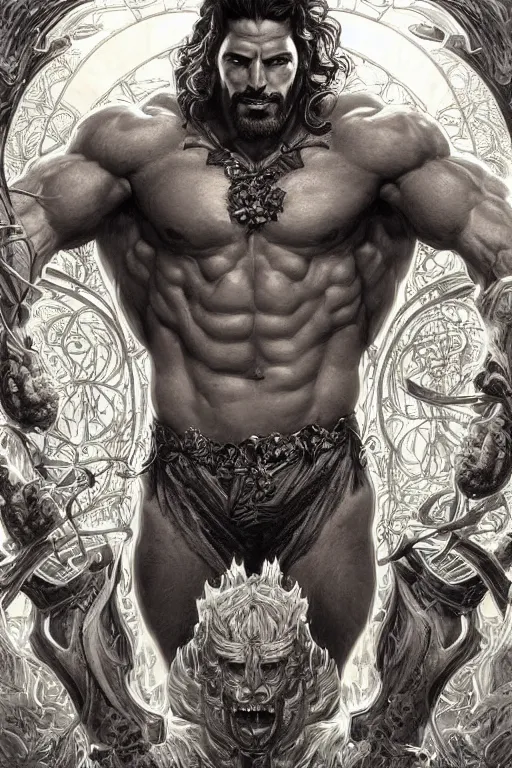 Image similar to portrait of joe manganiello as a hulking herculean demon, forest, godlike, full body, fantasy, intricate, elegant, highly detailed, digital painting, artstation, concept art, sharp focus, illustration, art by artgerm and greg rutkowski and alphonse mucha