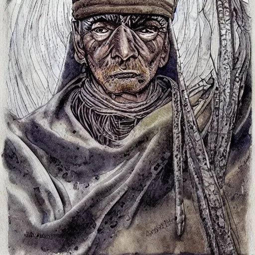 Image similar to very old shaman burns from inside, old gray haired mexican mage close his eyes no pain, watercolor ink painting, in the style of jean giraud, in the style of moebius, detailed realistic hd 8 k high resolution