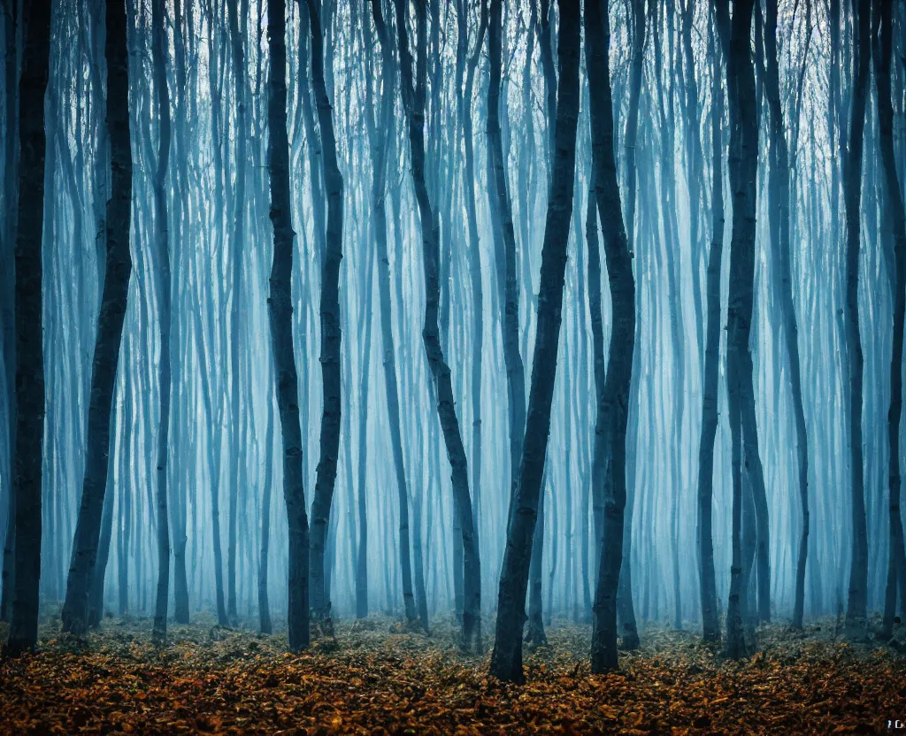 Prompt: blue forest, glowing mushrooms, sigma lens, strong bokeh, photography, highly detailed, 8 5 mm, f / 1. 3, fog, dusk, fantasy