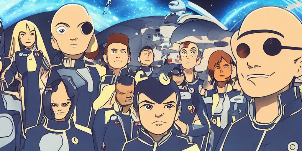 Prompt: Crew of The Orville in the style of Star Blazers, anime, Leiji Matsumoto