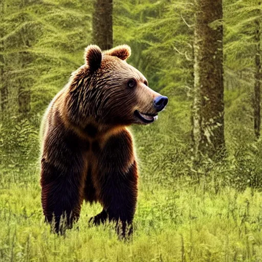 Prompt: a brown bear howling standing up in the middle of a glade in the forest, hyper realistic