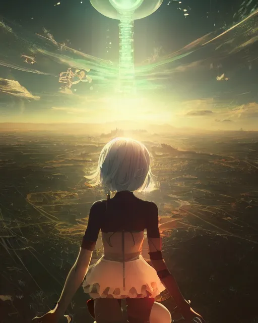 Prompt: ultra detailed portrait of anime girl, beautiful landscape, nier automata, machine planet, alien, glass obelisks, ufo in the sky, colorful light, advanced technology, cinematic lighting, sharp focus, artstation, intricate, masterpiece, art by bastien grivet and darwin cellis and jan urschel