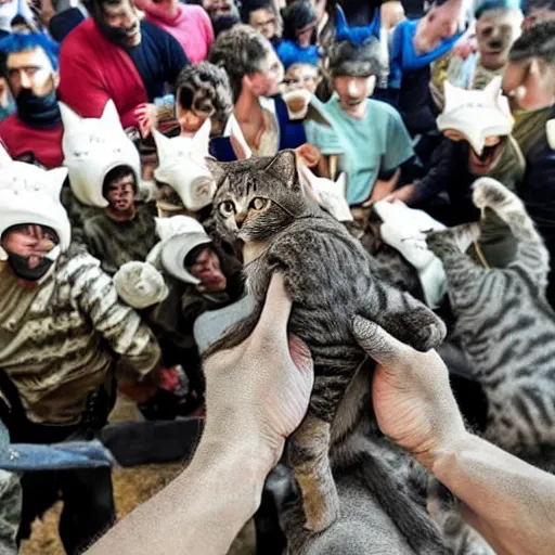 Prompt: A cat fighting a human army