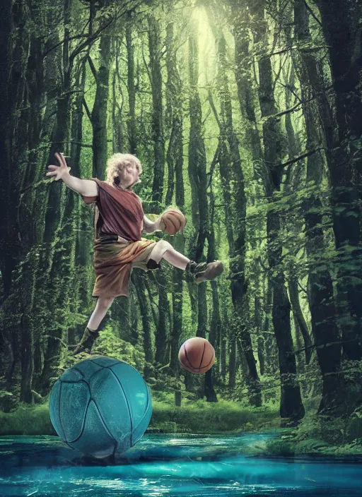 Prompt: a hobbit wearing hiking boots and teal gloves playing basketball in a forest, by beeple