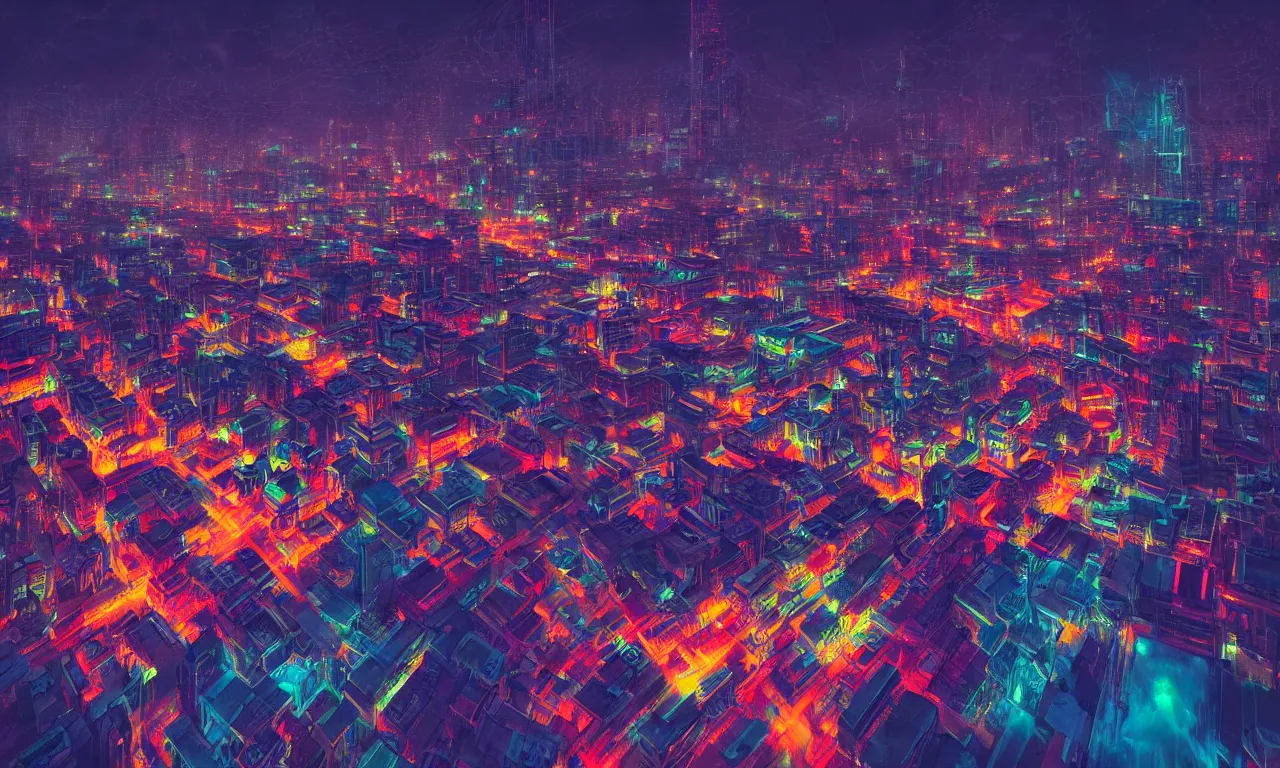Prompt: drone view colorful photograph of a futuristic city, science fiction, night lights, beautifully lit buildings, mystic hues, distant, sharp focus, volumetric lights, digital art, RTX, hyperrealistic, cinematic, acid pixie, by lee madgwick