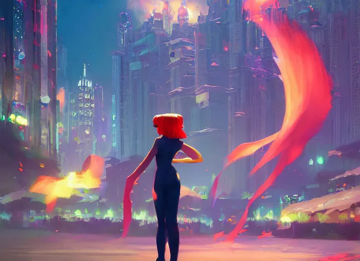 Image similar to gorgeous bright girl waving a red flag over her head dancing through Mandelbrot fractal city by Craig Mullins, ilya kuvshinov, krenz cushart, artgerm trending on artstation by Edward Hopper and Dan Mumford and WLOP and Rutkovsky, Unreal Engine 5, Lumen, Nanite