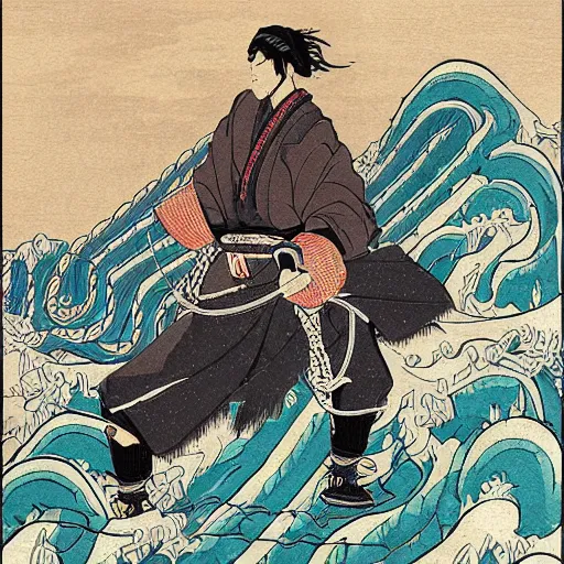 Image similar to by hokusai, samurai man vagabond, the samurai is wrapped in chains, detailed, editorial illustration, matte print, concept art, ink style, sketch, digital 2 d