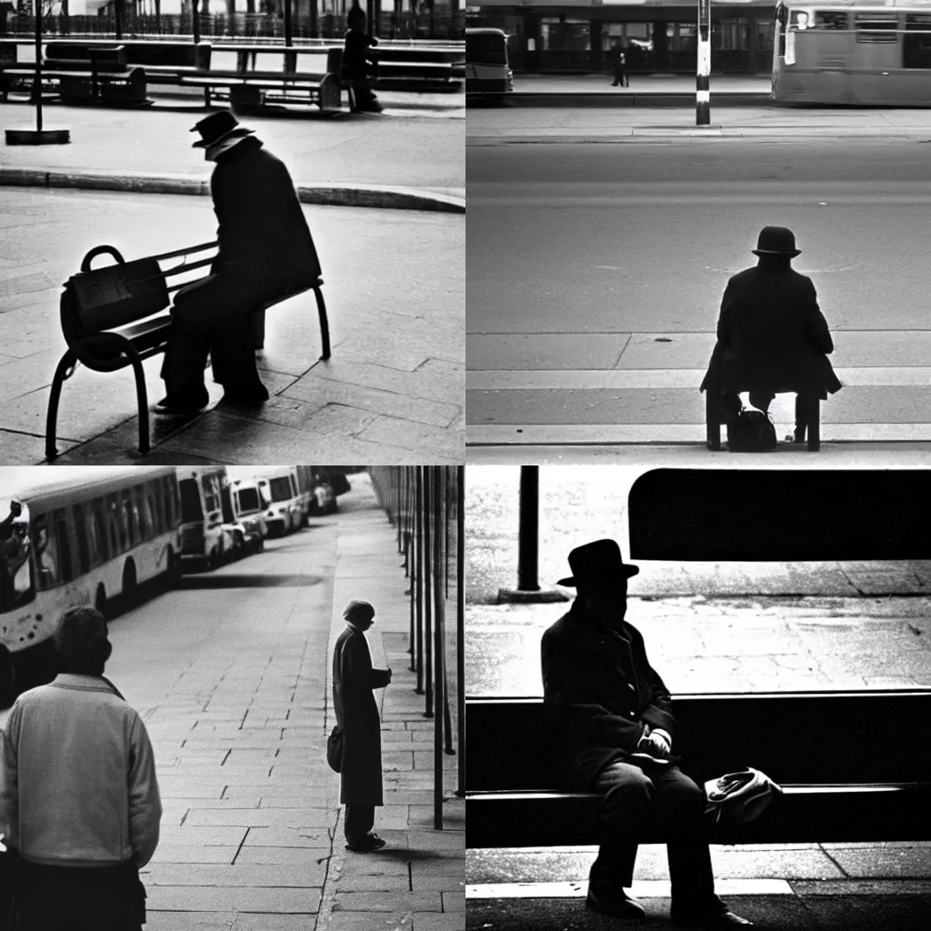 Prompt: lonely man waiting at the bus stop, henri cartier-bresson