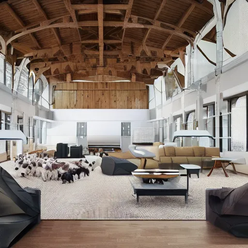 Image similar to interior view of modern futuristic farm barn architecture, cows laying down on sofas and pigs and chickens sitting in lounge chairs, modern interior design, throw pillows, areas rugs, feed troughs, hay, detailed luminescent oil painting 4 k