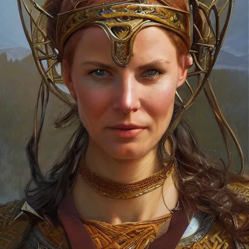 Image similar to an portrait of an happy female celt, detailed, centered, digital painting, artstation, concept art, donato giancola, Joseph Christian Leyendecker, WLOP, Boris Vallejo, Breathtaking, 8k resolution, extremely detailed, beautiful, establishing shot, artistic, hyperrealistic, beautiful face, octane render