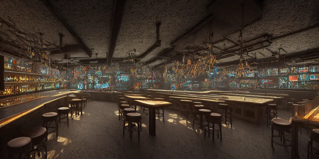 Image similar to Highly detailed realistic photo interior design in style of blend contemporary aesthetics by JAMIE BUSH and Josan Gonzalez of detailed cyberpunk tavern with stone walls, transperient roof and neon lights, a lot of electronics and people, many details by Hiromasa Ogura. a lot of Natural white sunlight from the transperient roof. Rendered in VRAY