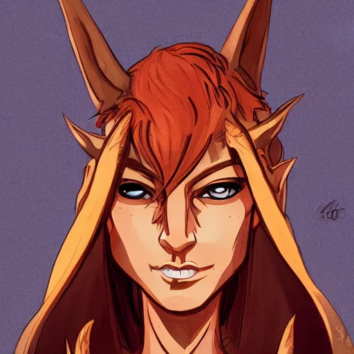 Prompt: dnd character illustration of a tanned half - elf with messy short red hair and golden eyes with slit pupils, androgynous, feral, glowing, golden hour