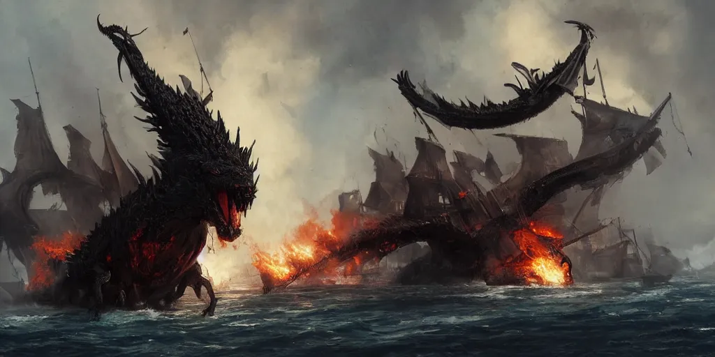 Image similar to A vicious black dragon breathes flames on a Spanish Galleon concept art by Greg Rutkowski,