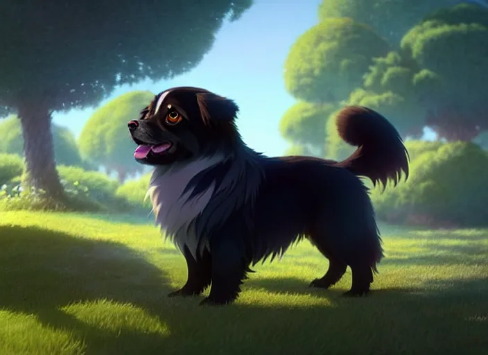 Image similar to a wholesome animation key shot of a black tibetan spaniel, in spain, studio ghibli, pixar and disney animation, sharp, rendered in unreal engine 5, anime key art by greg rutkowski, bloom, dramatic lighting