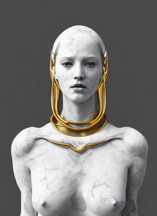 Prompt: a statue made of white marble with gold veins, of an beautiful gorgeous futuristic cybernetic angel girl, prostheses, transhumanism, full body shot, perfect symmetrical body, perfect symmetrical face, hyper realistic, hyper detailed, by johannen voss, by peter kemp, by monia merlo, by michelangelo, octane render, blender, 8 k