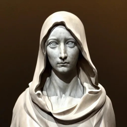 Prompt: a masterpiece marble sculpture of the hooded virgin, !cracks, !dramatic !face, !female, covered in intricate !detailed !!streaked veil , physically based rendering, ultra photo realistic, cinematic lighting , dark background by Dan Hillier