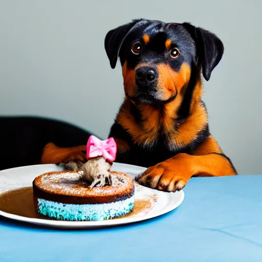 Prompt: a high - quality photo of a cute rottweiler with a half - eaten birthday cake and a glass of champagne, 4 5 mm, f 3. 5, sharpened, iso 2 0 0, raw, food photography