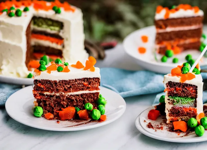 Image similar to dslr food photograph of a birthday cake iced with mashed potatoes and topped with ground beef carrots and peas, 8 5 mm f 1. 8