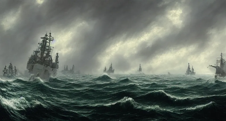 Image similar to enormous sailing battleship, raging sea foggy, dramatic, action scene, stormy background, shipfleet on the horizon, high detail, greg rutkowski, james gurney, gene wolfe, gustave dore, jesper ejsing, rhads, makoto shinkai, ilya kuvshinov