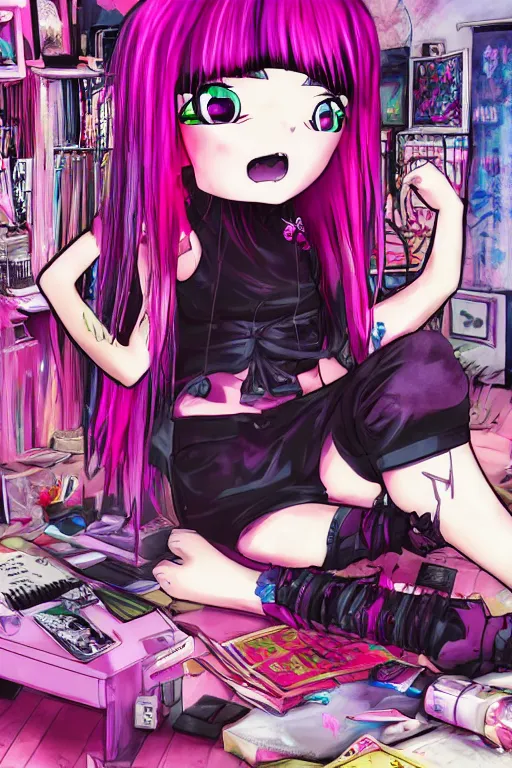 Image similar to goth chibi anime girl with pink dreads sitting on the floor of a cluttered 9 0 s bedroom, vaporwave colors, lo - fi, concept art, smooth, detailed, 4 k, hd,