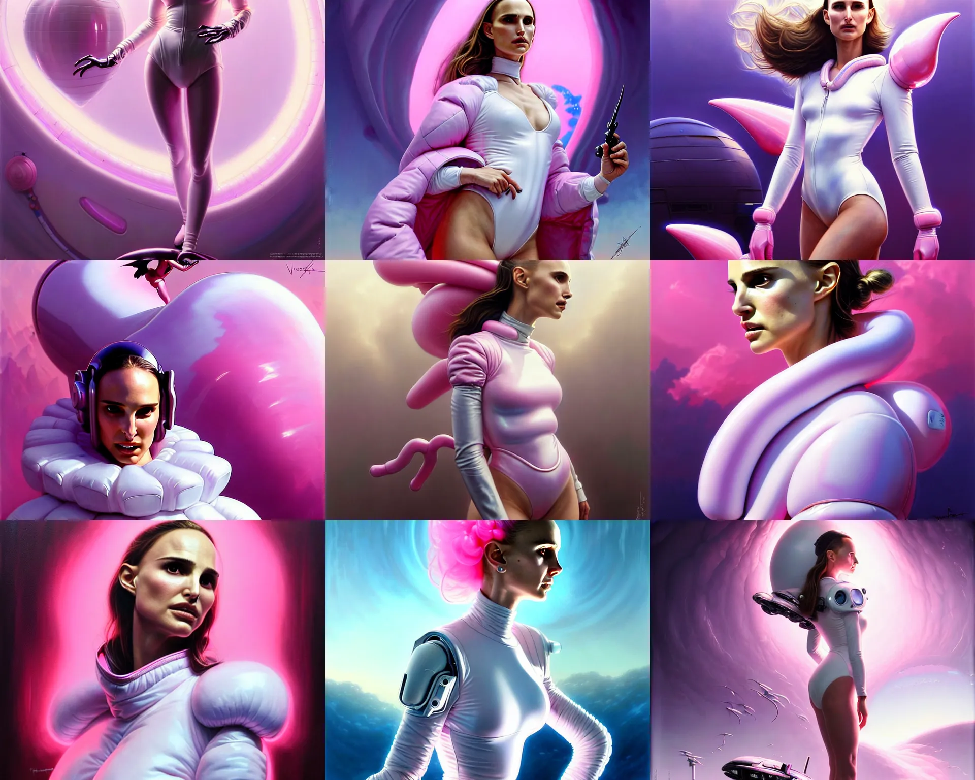 Prompt: beautiful fantasy character portrait, natalie portman, wearing oversized plastic puffy pink bomber jacket and white leotard, very seductive pose, ultra realistic, wide angle, dramatic lighting, futuristic vehicle, alien creatures, cyberpunk artifacts, highly detailed by peter mohrbacher, aaron horkey, hajime sorayama, boris vallejo,