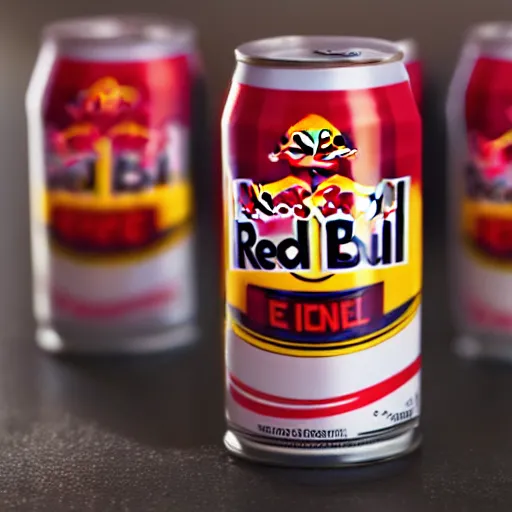 Image similar to a hyper realistic macro photograph of a can of Red Bull energy drink, 8k, 4K, product photography