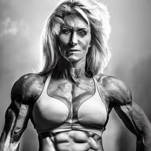 Image similar to a woman who is a genetic combination of hulk hogan and donald trump face and upper - body focus