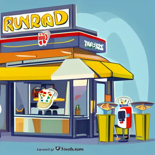 Image similar to a fast food restaurant runned by cute tiny robots, digital art