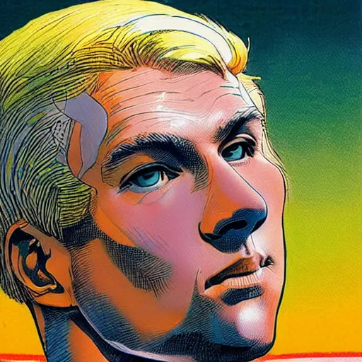 Image similar to a blonde man studying a soccer ball. happy, colorful Epic portrait by james gurney and mœbius.
