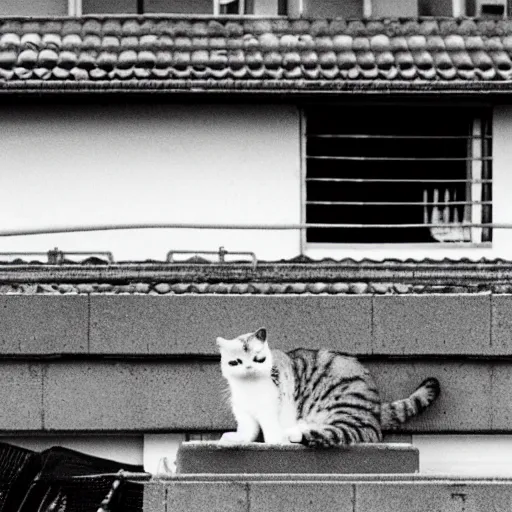 Image similar to daido moriyama style photograph of a cat and its female owner on a rooftop in Tokyo,