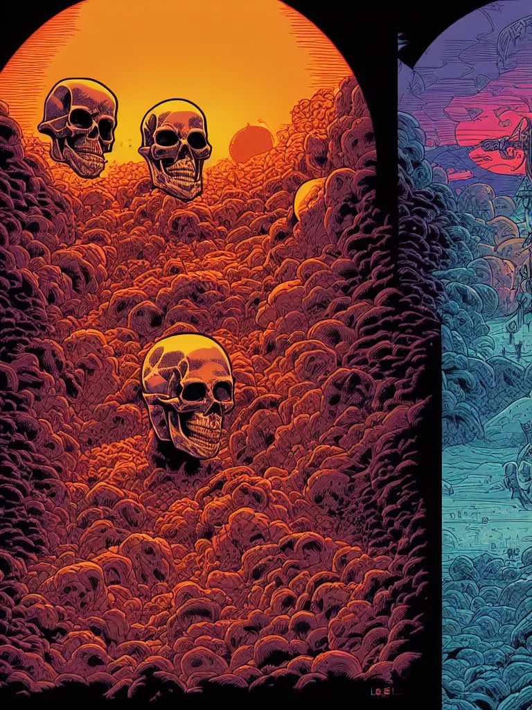 Image similar to Death's dreamscape by Dan Mumford, skull by Josan Gonzalez, sunset by Laurie Greasley, death skull, sunset