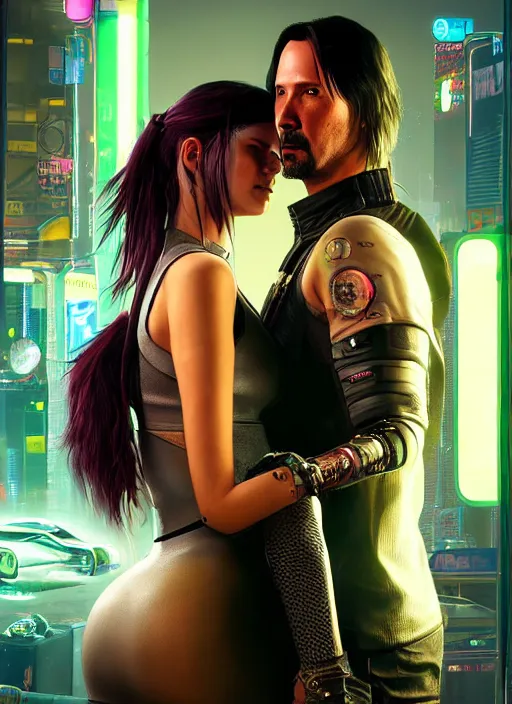 Image similar to a highly detailed photorealistic cyberpunk 2077 couple portrait of a Keanu Reeves as johnny silverhand and a female android in final kiss with lots of electric cable behind them connected to giant computer,couple pose,love,fantasy, intricate, elegant,by Alex Horley and Greg Rutkowski,artstation,deviantart,FAN ART,Unreal Engine,Digital painting,face enhance,8K,golden ratio,cinematic lighting