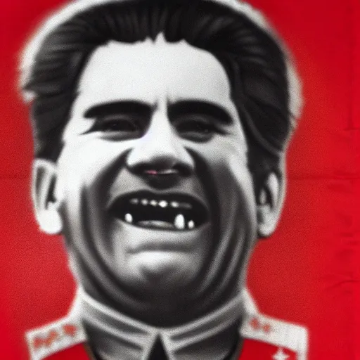 Image similar to hyper realist photograph of staline smiling and biting his lip seductively with the ussr flag behind him, close up, face picture, 4 k, very detailed