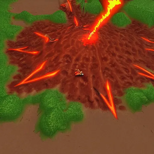 Image similar to TzKal-Zuk at the Inferno, old school runescape, lava river, magma, large shield of magma, obsidian pillars