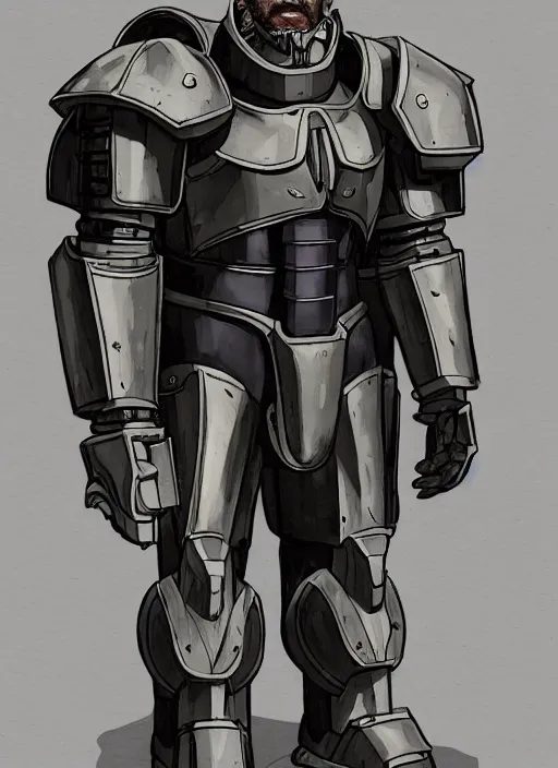 Image similar to medium-length portrait of a male paladin with short curly hair and a greying beard, olive skin, a grim expression and tired eyes, wears a suit of power armor, magitech!, Enchanted power armor, gundam, medieval setting, highly detailed, digital painting, artstation, concept art, sharp focus, illustration, art by greg rutkowski and alphonse mucha