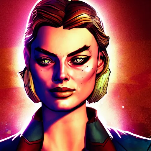 Image similar to margot robbie portrait, borderlands, tales from the borderlands, the wolf among us, comic, cinematic lighting, studio quality, 8 k