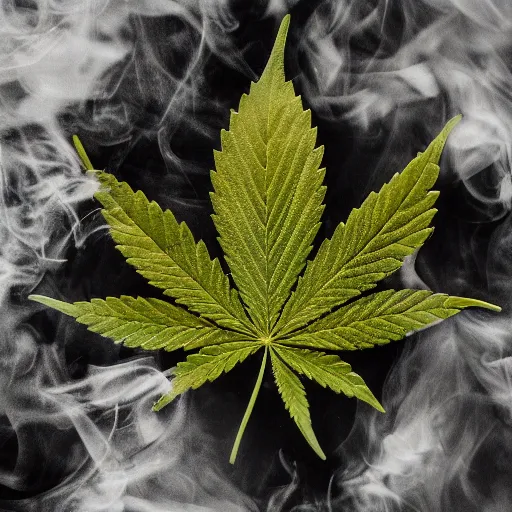 Image similar to a cannabis leaf surrounded by smoke product photography 120mm