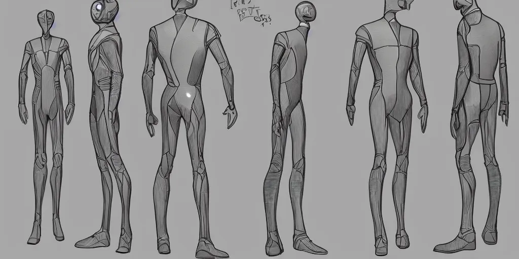 Prompt: male, elongated figure, space suit, large shoulders, short torso, long thin legs, tiny feet, character sheet, digital sketch, very stylized, concept design, by jean giraud