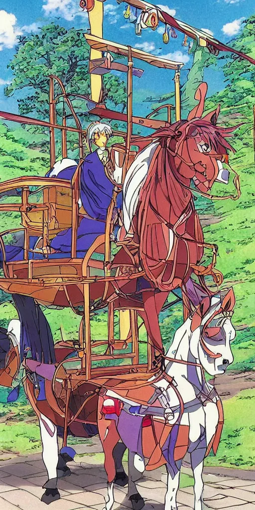 Prompt: a chariot drawn by horse in japan, 1990s anime, full color,