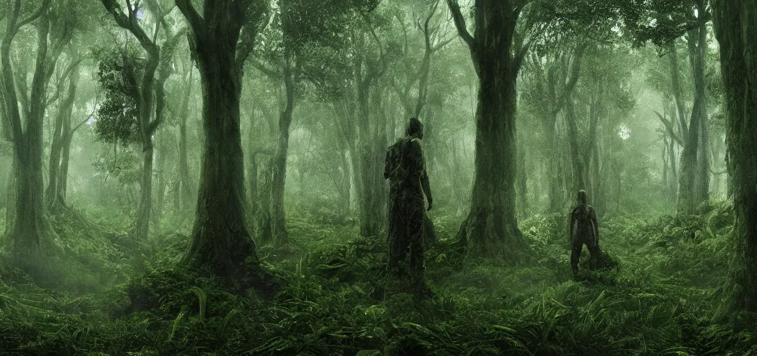 Prompt: a complex organic fractal 3 d ceramic humanoid megastructure in a lush forest swamp, foggy, cinematic shot, photo still from movie by denis villeneuve