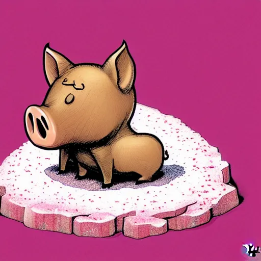 Image similar to comic art of a cute far pig sitting on pile of pink salt, drawn by Bruce MacKinnon, vivid color, cgsociety 4K